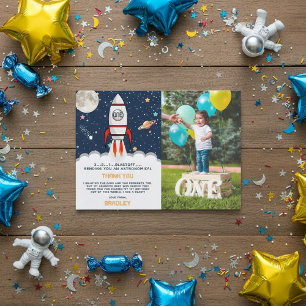 Astronaut Rocket Outer Space 1st Birthday Photo Thank You Card