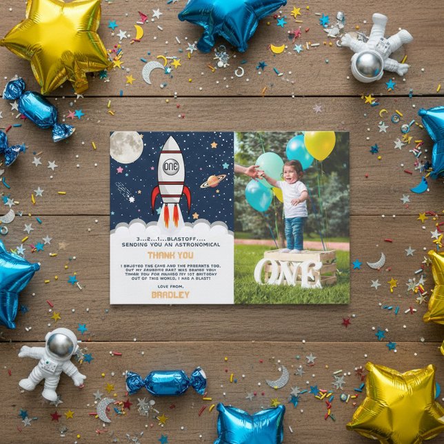 Astronaut Rocket Outer Space 1st Birthday Photo Thank You Card (Creator Uploaded)