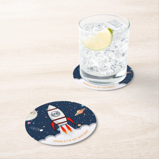 Astronaut Rocket Outer Space 1st Birthday Round Paper Coaster (Insitu)