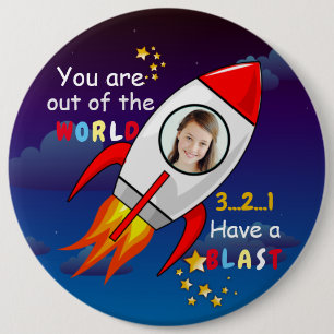 Astronaut rocket outer space personalised photo  6 cm round badge