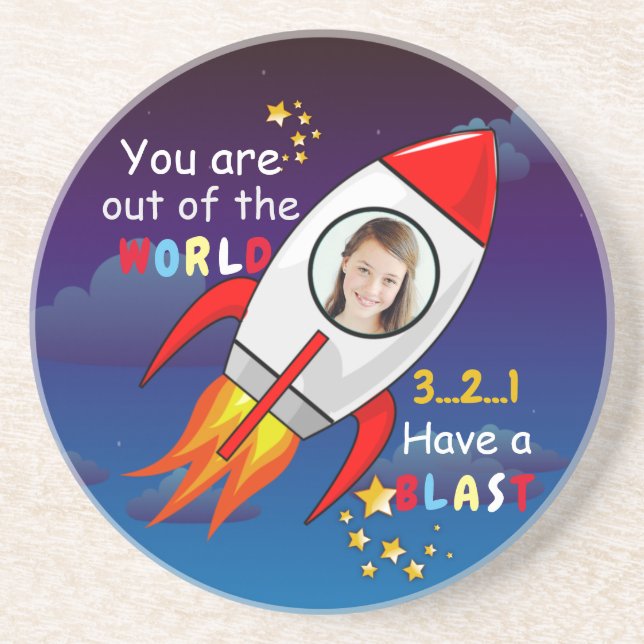 Astronaut rocket outer space personalised photo coaster (Front)