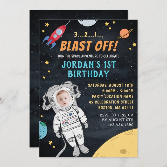 Astronaut Rocket Outer Space | Photo 1st Birthday Invitation (Front/Back)