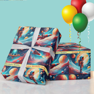 Astronaut Rocket Planets Boys Birthday Colourful Wrapping Paper
