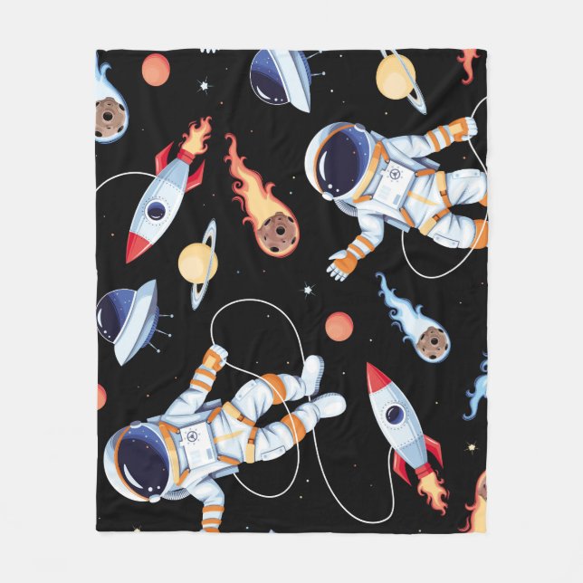 Astronaut Rocket: Vintage Space Seamless Pattern Fleece Blanket (Front)