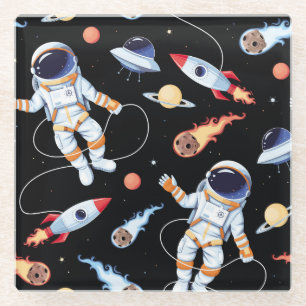Astronaut Rocket: Vintage Space Seamless Pattern Glass Coaster