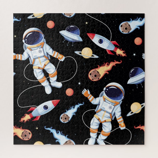 Astronaut Rocket: Vintage Space Seamless Pattern Jigsaw Puzzle (Vertical)