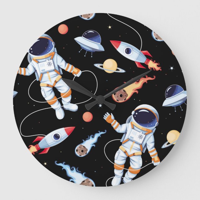 Astronaut Rocket: Vintage Space Seamless Pattern Large Clock (Front)
