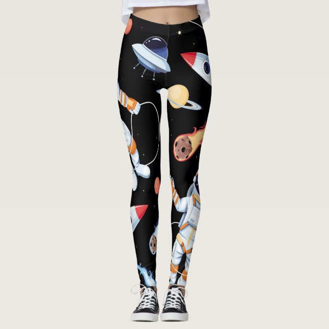 Astronaut Rocket: Vintage Space Seamless Pattern Leggings (Front)