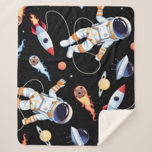 Astronaut Rocket: Vintage Space Seamless Pattern Sherpa Blanket