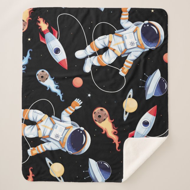 Astronaut Rocket: Vintage Space Seamless Pattern Sherpa Blanket (Front)