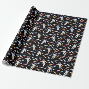 Astronaut Rocket: Vintage Space Seamless Pattern Wrapping Paper