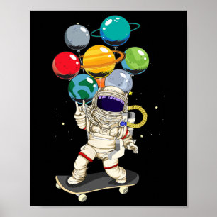 Astronaut Skateboarding Kids Lloon Planets Space S Poster