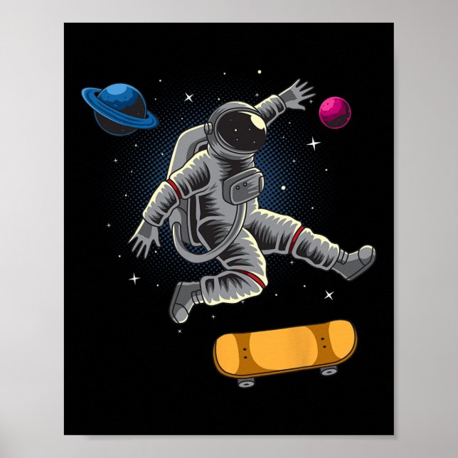 Astronaut Skateboarding Through Space Planets  Poster (Front)