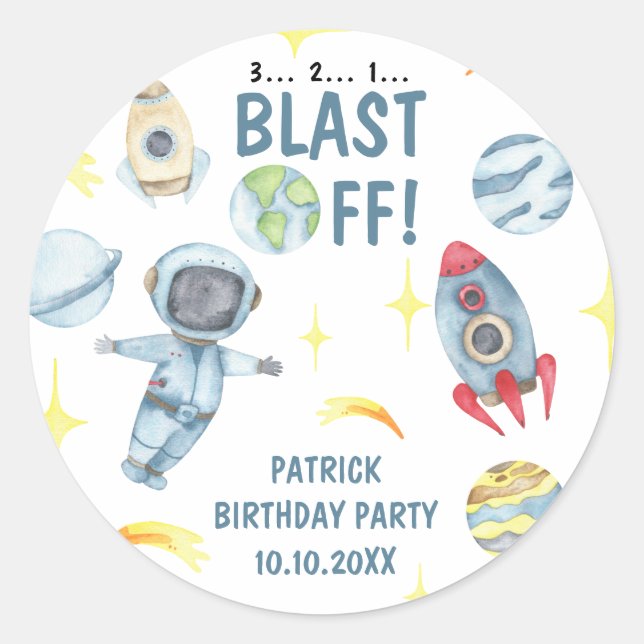 Astronaut Space Birthday Party  Classic Round Sticker (Front)