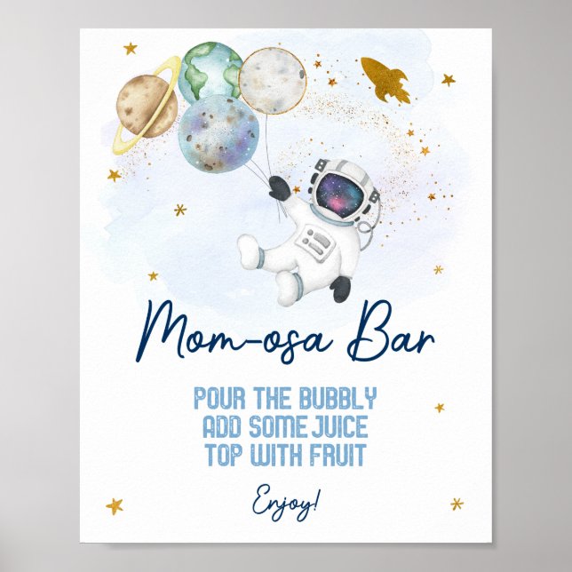 Astronaut Space Blue Gold Baby Shower Mum-osa Bar Poster (Front)