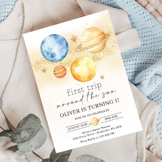 Astronaut Space First Trip Around The Sun Birthday Invitation