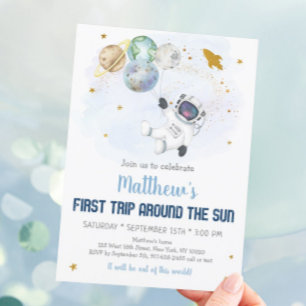 Astronaut Space First Trip Around The Sun Birthday Invitation