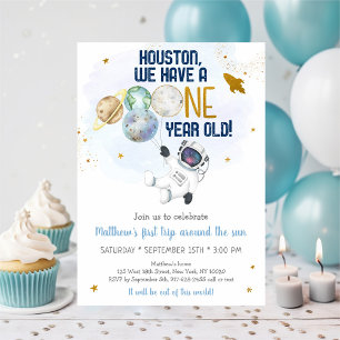 Astronaut Space First Trip Around The Sun Birthday Invitation