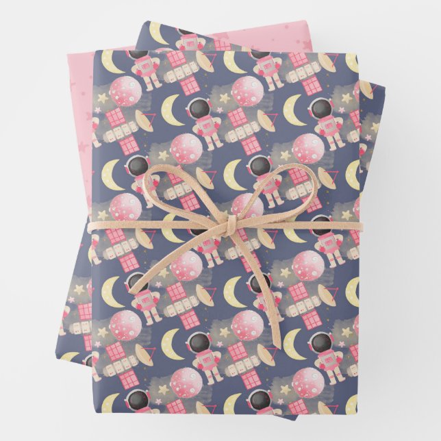Astronaut Space Girl Pattern Wrapping Paper Sheet (In situ)
