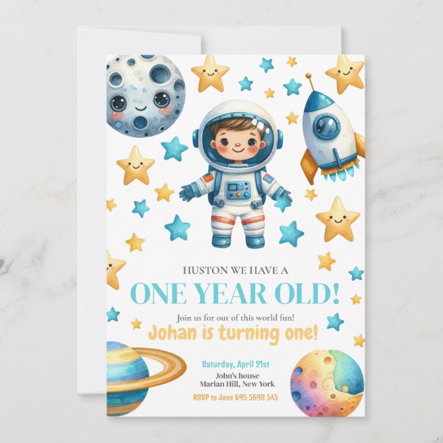 Astronaut Space Kids 1st Birthday Party Invitation (Front)