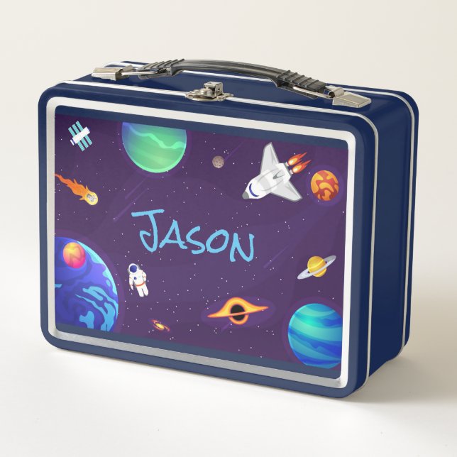 Astronaut Space Planets Add Child's Name School Metal Lunch Box (Front)