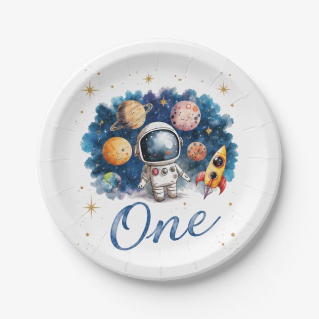 Astronaut Space Rocket One Birthday Paper Plate (Front)