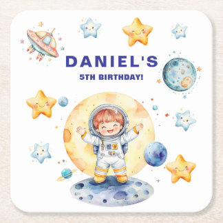 Astronaut Space-Themed Custom Birthday Party Square Paper Coaster