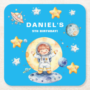 Astronaut Space-Themed Custom Birthday Party Square Paper Coaster