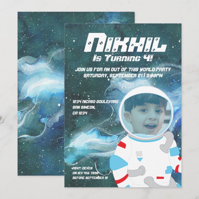 Astronaut Spaceman Galaxy Birthday Party Invitation (Front/Back)