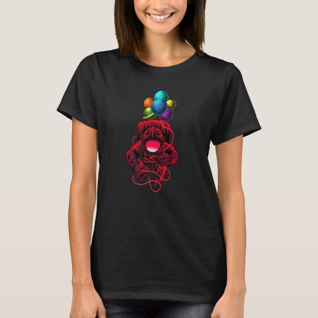 Astronaut Spaceman With Balons Planets Solar Outer T-Shirt (Front)
