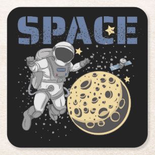 Astronaut Spacewalking and Exploring Illustration Square Paper Coaster