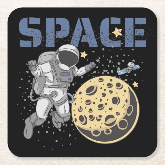 Astronaut Spacewalking and Exploring Illustration Square Paper Coaster (Front)