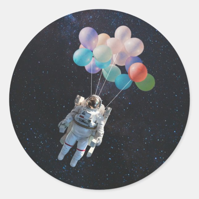Astronaut Stars & Space Colourful Balloons Classic Round Sticker (Front)