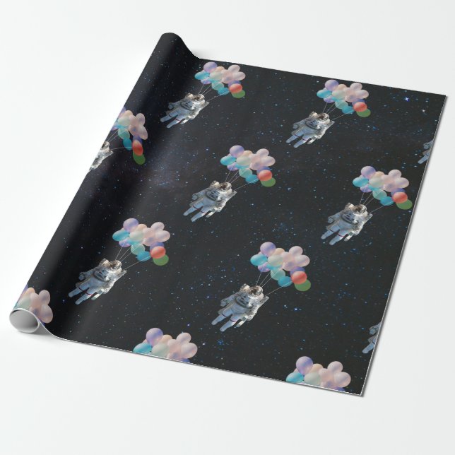 Astronaut Stars & Space Colourful Balloons Wrapping Paper (Unrolled)