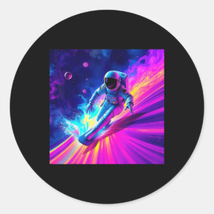 Astronaut Surfing Cosmic Rainbow Wave Graphic Desi Classic Round Sticker
