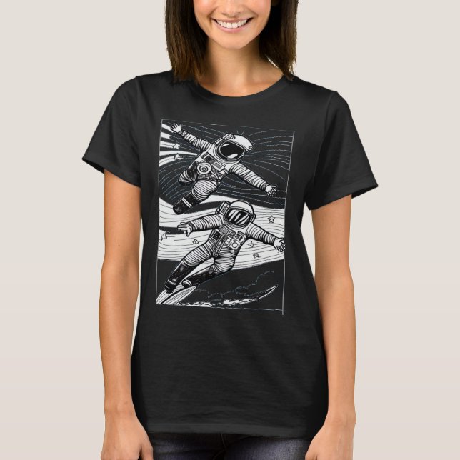 Astronaut Surfing in a Space Wave T-Shirt (Front)