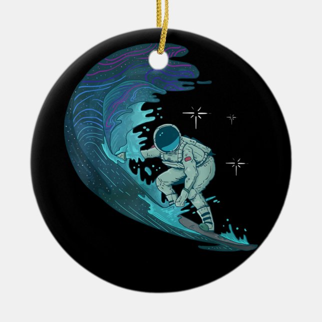 Astronaut Surfing, Outer Space,Sky Stars, Space Su Ceramic Ornament (Front)