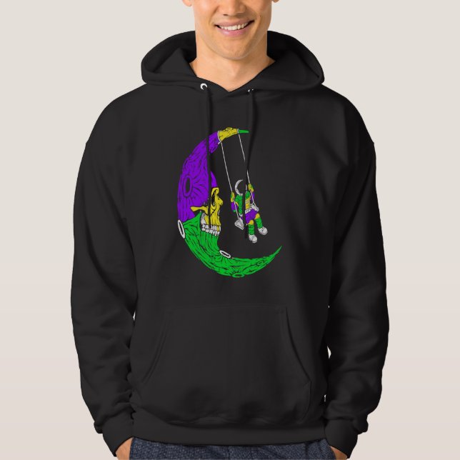 Astronaut Swinging On Moon Skull Mardi Gras Carniv Hoodie (Front)