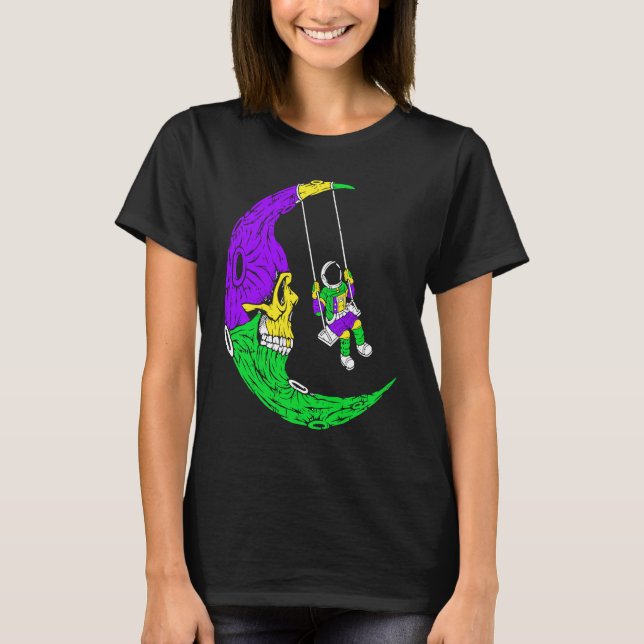 Astronaut Swinging On Moon Skull Mardi Gras Carniv T-Shirt (Front)