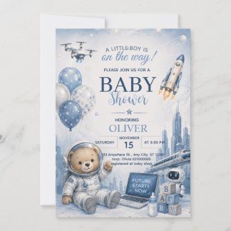 Astronaut Teddy Bear Boy Baby Shower Invitation