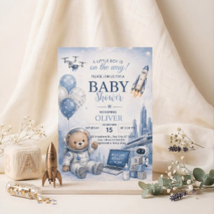 Astronaut Teddy Bear Boy Baby Shower Invitation