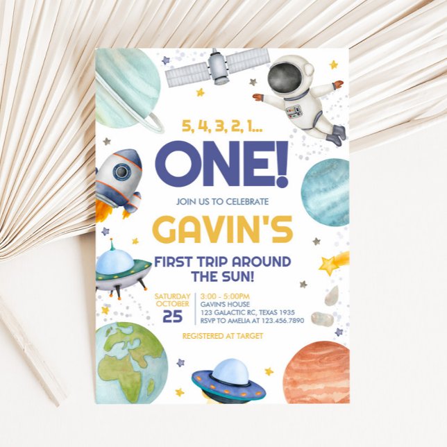 Astronaut Trip Around the Sun Birthday Invitation (Astronaut First Trip Around the Sun Birthday Party Invitation)