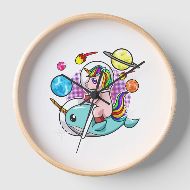 Astronaut Unicorn Riding Narwhal Space Universe Clock (Front)