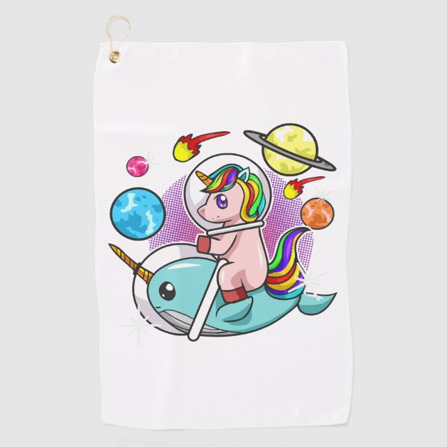 Astronaut Unicorn Riding Narwhal Space Universe Golf Towel (Front)