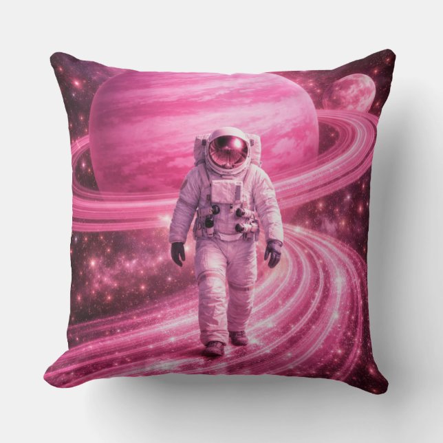Astronaut Walking on Pink Rings Cushion (Front)