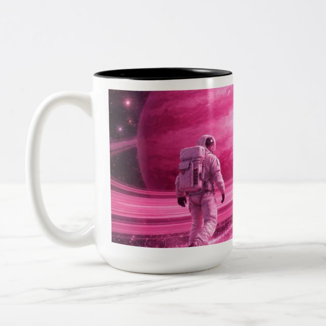 Astronaut Walking on Pink Rings Two-Tone Coffee Mug (Left)