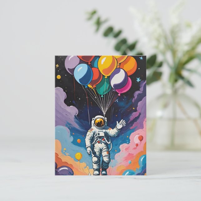 Astronaut with colourful balloons in space  postcard (Standing Front)