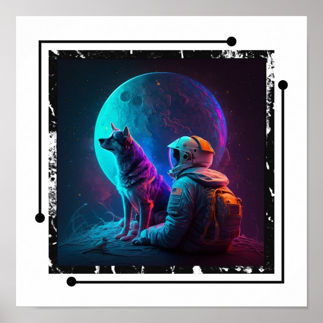  Astronaut with dog in Space , Neon Design Art Poster (Front)