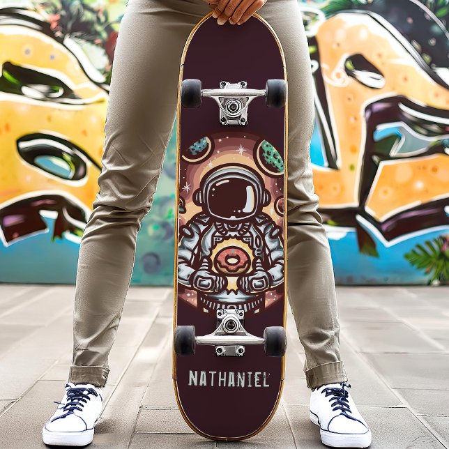 Astronaut With Doughnut Funny Personalised Name Skateboard (Creator Uploaded)