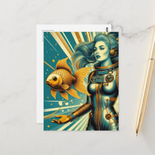 astronaut woman and gold fish postcard